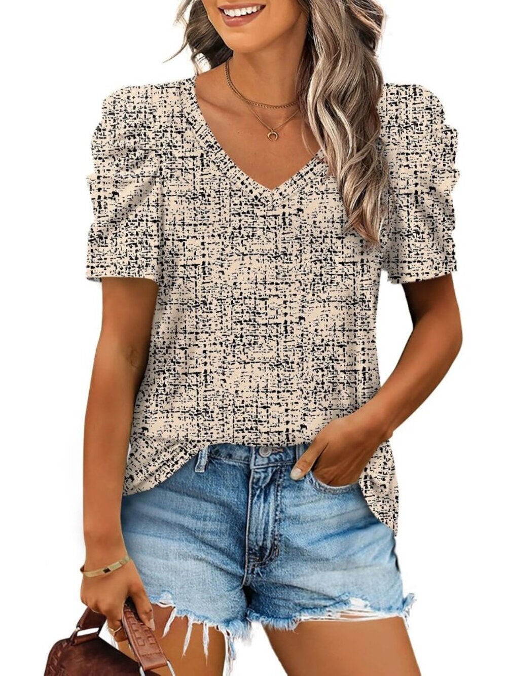Women's Beige Plaid Polyester Blend Puff Sleeve V Neck Pull On Henley Shirts